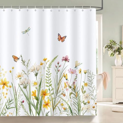 Bonhause Floral Shower Curtain, Yellow White Wildflower Plant Butterfly Spring Summer Bathroom Decor 72x72 Inch Polyester Fabric Waterproof Bath Curtain with 12 Hooks