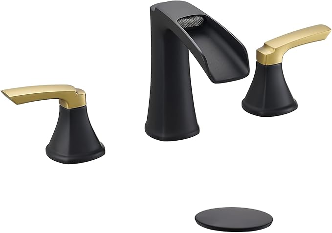 Fapully Bathroom Faucet 3 Hole, Waterfall 8 Inch Widespread Bathroom Sink Faucet with Pop-up Drain, Matte Black&Gold Two-Handle Faucets for Bathroom Sink