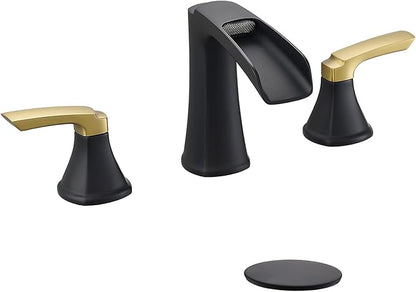 Fapully Bathroom Faucet 3 Hole, Waterfall 8 Inch Widespread Bathroom Sink Faucet with Pop-up Drain, Matte Black&Gold Two-Handle Faucets for Bathroom Sink
