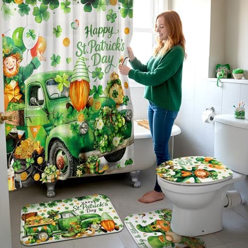 FuWeave 8 Pcs St. Patrick's Day Shower Curtain Sets for Bathroom Decor Shamrock Bathroom Accessories Irish Lucky Clover Green Shower Curtain Sets with Towels Carpet Bath Mat Toilet Rugs and 12 Hooks