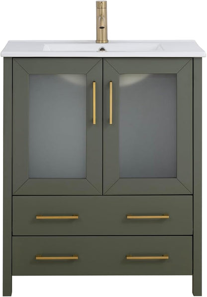 Vanity Art 30 Inch Under Mount Single Sink Bathroom Vanity Cabinet with 1 Mirror, Ceramic Top Bathroom Cabinet Compact Set with 2 Dovetail Storage Drawers and Golden Brushed Handles, VA3030-VG