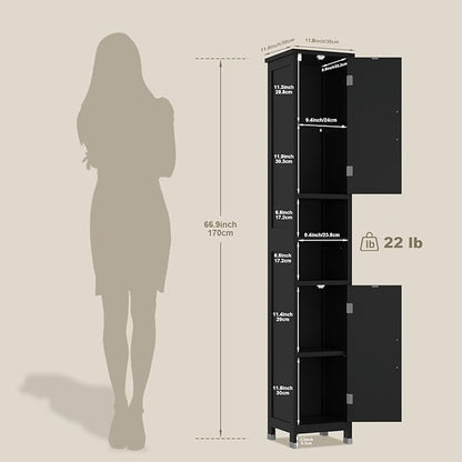 67" Tall Bathroom Storage Cabinet with Lights, Slim Narrow Bathroom Cabinet Organizer with Doors and Adjustable Shelves, Tall Cabinet for Small Space (66.9" Tall-Black with Light)