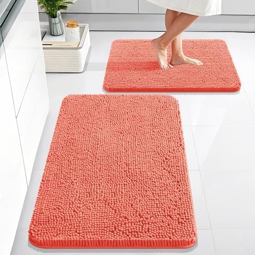 OLANLY Chenille Bathroom Rugs Mats Sets 2 Piece, 30"x20"+24"x16", Coral