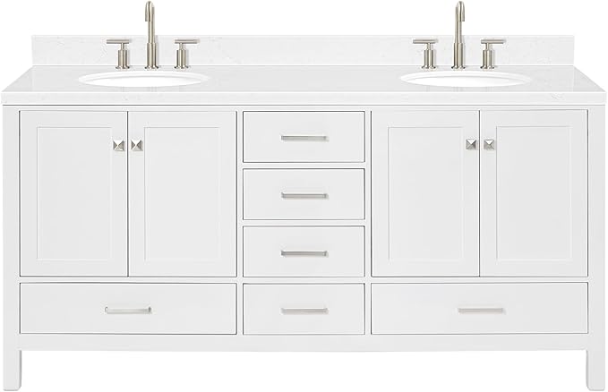 ARIEL Cambridge 72-inch Bathroom Vanity with Sink,Solid Wood, 1.5-inch Carrara White Quartz Countertop & Backsplash, Double Oval Porcelain Sink, 4 Soft Closing Doors, 6 Dovetail Drawers, White