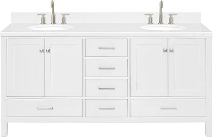 ARIEL Cambridge 72-inch Bathroom Vanity with Sink,Solid Wood, 1.5-inch Carrara White Quartz Countertop & Backsplash, Double Oval Porcelain Sink, 4 Soft Closing Doors, 6 Dovetail Drawers, White