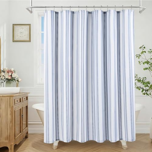 ORTIGIA Blue Striped Shower Curtain 72x72 Inch, Waffle Textured Heavy Duty Thick Cloth Fabric Shower Curtains with 12 Metal Hooks,Blue and White Bath Bathroom Shower Curtain
