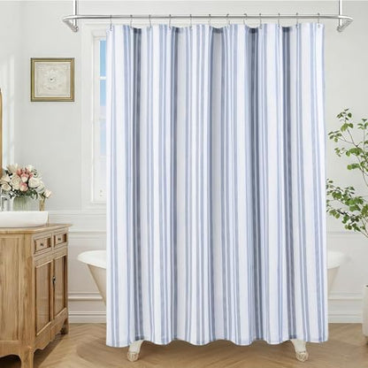 ORTIGIA Blue Striped Shower Curtain 72x72 Inch, Waffle Textured Heavy Duty Thick Cloth Fabric Shower Curtains with 12 Metal Hooks,Blue and White Bath Bathroom Shower Curtain