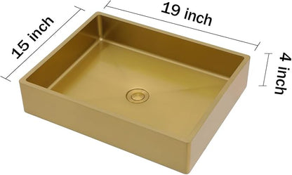 Gold Vessel Sink Stainless Steel - Fulorni 19"x15" Bathroom Vessel Sink Gold 16 Gauge Nano Titanium Plating Above Counter Rectangle Vanity Lavatory Bath Sink Basin