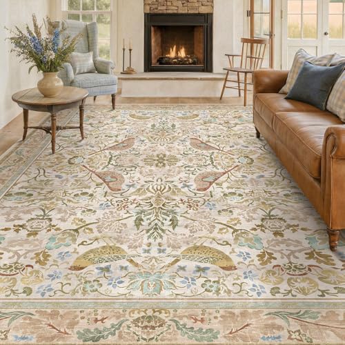 Hazo Haus Beige Washable 7x10 Kitchen Table Area Rug - Western Nature Rugs for Living Room, Bedroom, Playroom, Guest Room with Boho Neutral Botanical & Bird Pattern, Non Slip Stain Resistant Low Pile