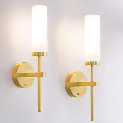 Shenmoyl Battery Operated Wall Sconces Set of 2, Gold Rechargeable Wall Lighting Fixtures, Dimmable Wall Lights with Remote & Opal Glass Shade for Living Room, Bathroom,Bedroom