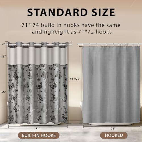 FADOTY No Hook Shower Curtain Snap in Liner Set with Grey Butterfly Design