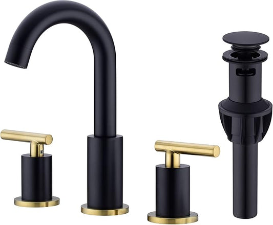 TRUSTMI Brass Bathroom Faucet 2 Handle 8 Inch Widespread Vanity Sink Mixer Faucet with Overflow Pop Up Drain Assembly, Swivel Spout, Matte Black and Brushed Gold