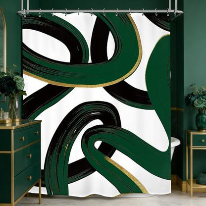 Abstract Emerald Green Black Green Shower Curtain 60Wx72L Inch Modern Minimalist Contemporary Geometric Line Neutral Simple Bathroom Set Accessories Decor with 12 Pack Hooks