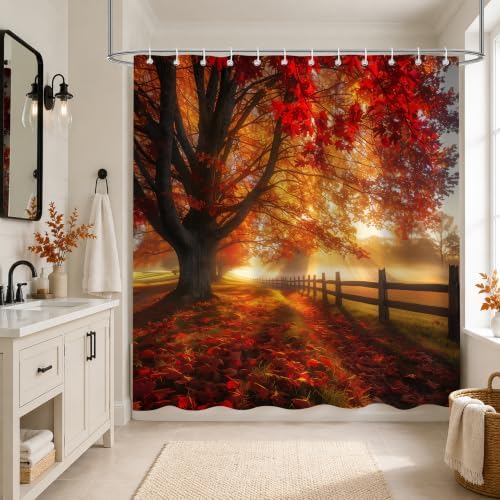 Red Maple Forest Shower Curtain, 60 x 72 Inch Waterproof Polyester Fall Landscape Bathroom Curtain, Autumn Tree Sunrise Woodland Bath Curtain for Tub Decor