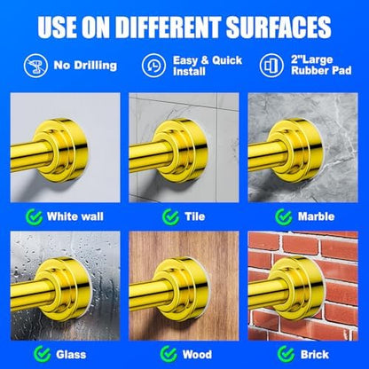 Ausemku Shower Curtain Rod - 32-92 Inch Rustproof Tension Rod, Non-Slip Spring Design, No Drilling Adjustable Curtain Rod for Bathroom, Kitchen, and Closet（Gold）