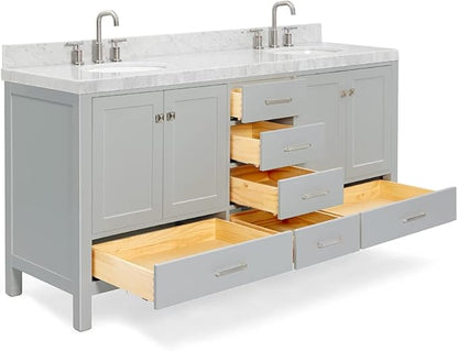 ARIEL Cambridge 72-inch Bathroom Vanity with Sink,Solid Wood, 2-inch Italian Carrara Marble Countertop & Backsplash, Double Oval Porcelain Sink, 4 Soft Closing Doors, 6 Dovetail Drawers, Grey
