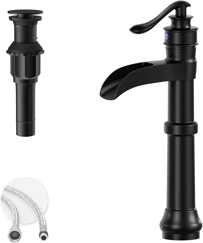 Matte Black Vessel Sink Faucet Brass Tall Waterfall Bathroom Faucet | Bathroom Sink Faucets Single Handle with Pop Up Drain Without Overflow and Supply Hoses Mixer Tap Deck Mount by BATHLAVISH