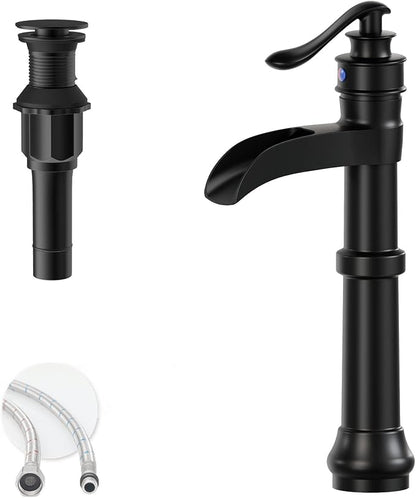 Matte Black Vessel Sink Faucet Brass Tall Waterfall Bathroom Faucet | Bathroom Sink Faucets Single Handle with Pop Up Drain Without Overflow and Supply Hoses Mixer Tap Deck Mount by BATHLAVISH