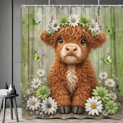 Cute Cow Shower Curtain, Farmhouse Rustic Floral Daisy Highland Cow Shower Curtains for Bathroom, Calf Country Farm Animal Garden Plant Fabric Bathroom Decor with Hooks, 70x72 inch