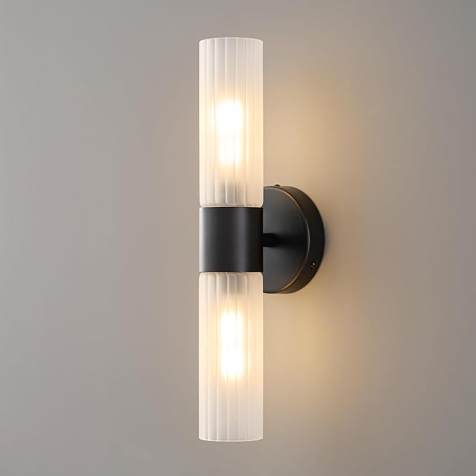 Bathroom Light Fixtures 2-Light, Modern Vanity Light for Bathroom, Wall Sconce with Frosted Glass Rods Shades, Hardwired Wall Light Fixtures for Living Room Bedroom Hallway (Black)