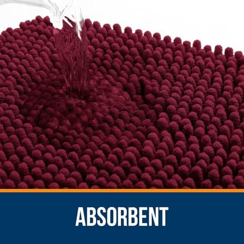 OLANLY Chenille Bathroom Rugs Mats Sets 2 Piece, 47"x20"+24"x20", Burgundy