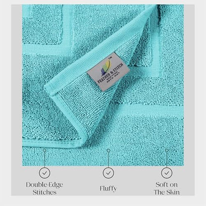 Feather & Stitch 2 Piece Towel Like Bath Mats (30x21 Inch) 100% Cotton Terry Bath Mats, Bathroom Shower Floor Mats [NOT A Bathroom Rug], Soft Absorbent Washable Mats - Aqua