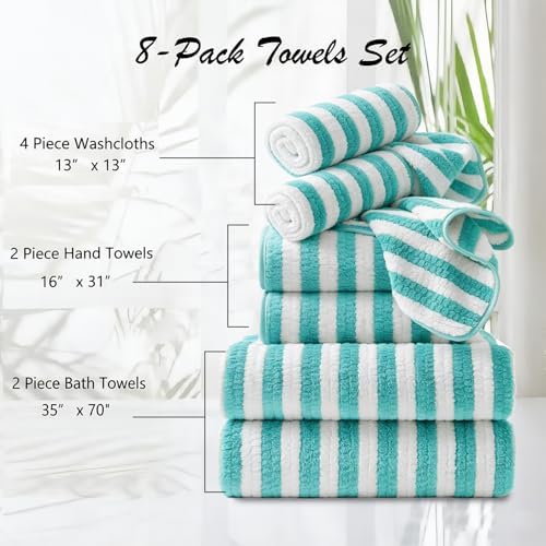 8 Pcs Turquoise Cabana Stripe Large Bath Towel Set-2 Bathroom Towels,2 Hand Towels,4 Washcloths Lightweight Soft Microfiber Bath Sheet Absorbent Shower Towel Quick Dry Beach Chair Spa Gym Hotel Towels