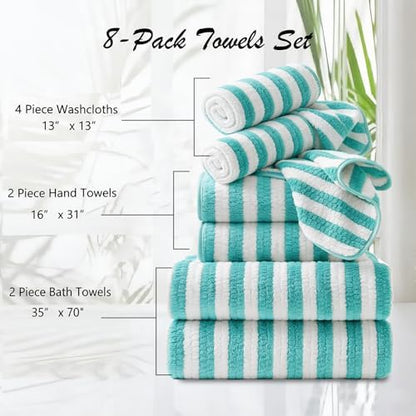 8 Pcs Turquoise Cabana Stripe Large Bath Towel Set-2 Bathroom Towels,2 Hand Towels,4 Washcloths Lightweight Soft Microfiber Bath Sheet Absorbent Shower Towel Quick Dry Beach Chair Spa Gym Hotel Towels