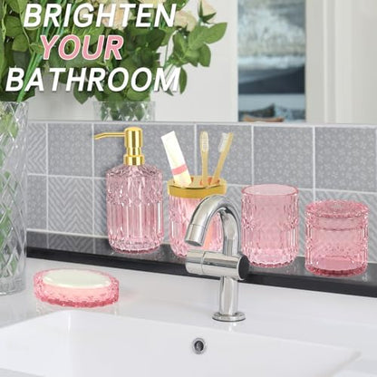 Pink Bathroom Accessories Set, 5Pcs Clear Glass Pink Bathroom Decor with Lotion Soap Dispenser, Soap Dish, Tumbler, Cotton Swab Jar, Toothbrush Holder for Bathrooms Set Modern Crystal Vintage Gift