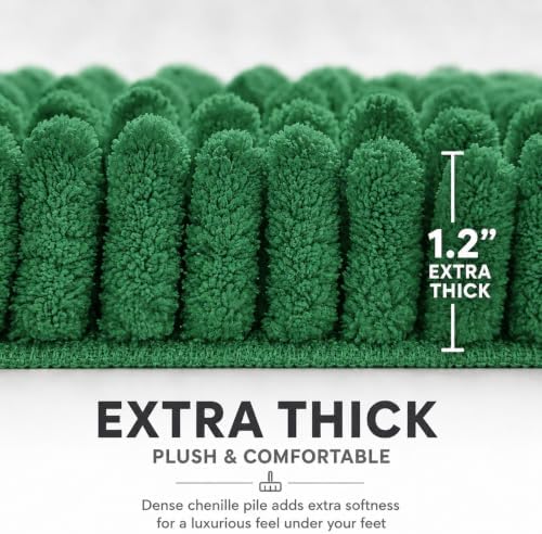 Bathroom Rugs Sets 2 Piece,Super Absorbent Soft,Thick,Machine Washable Chenille Bath Mat,Non Slip Toilet Floor Rug,Bath Mats for Bathroom,20x32 Plus 20x20 U Shape,Dark Green