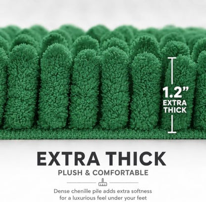 Bathroom Rugs Sets 2 Piece,Super Absorbent Soft,Thick,Machine Washable Chenille Bath Mat,Non Slip Toilet Floor Rug,Bath Mats for Bathroom,20x32 Plus 20x20 U Shape,Dark Green