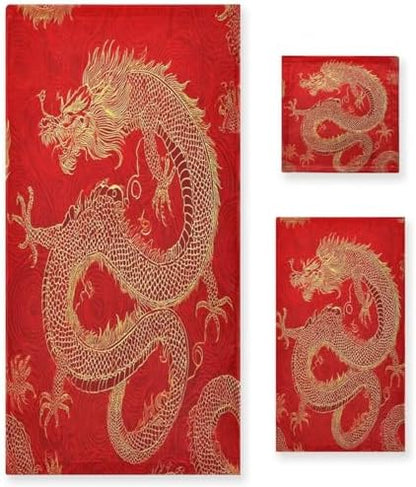 Naanle Magic Cool Dragon Asian Fire Red Soft Luxury Decorative 3 Pieces Towels Set, 1 Bath Towel+1 Hand Towel+1 Washcloth, Multipurpose for Bathroom, Hotel, Gym, Spa and Kitchen