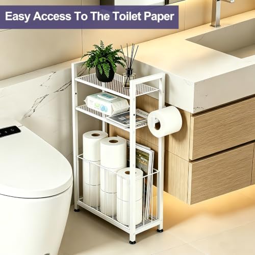 Freestanding Toilet Paper Holder with Storage for Small Bathrooms, White