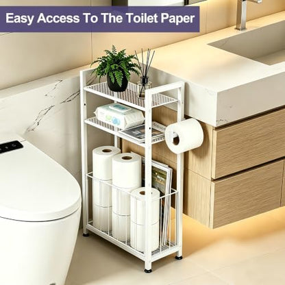 Freestanding Toilet Paper Holder with Storage for Small Bathrooms, White