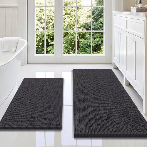 Smiry Chenille Bathroom Rugs Sets 2 Piece (47x20+30x20, Charcoal Grey)