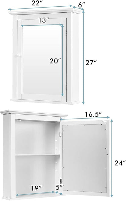 Tangkula Bathroom Cabinet with Mirror, Mirrored Wall-Mounted Storage Medicine Cabinet w/Single Door & Adjustable Shelf in 5 Positions, Multipurpose Wall Cabinet for Bathroom (White)