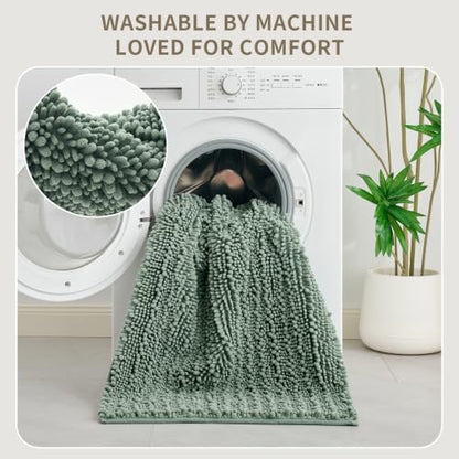 Bathroom Rugs Non Slip Washable 32x20, Extra Thick Soft Chenille Absorbent Bath Mat, High Density Barrier Non Slip Backing, Quick Dry Plush Shaggy Floor Carpet for Tub&Shower, Sage Green
