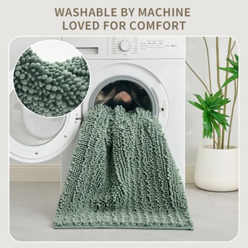 Bathroom Rugs Non Slip Washable, Extra Thick Soft Chenille Absorbent Bath Mat, High Density Barrier Non Slip Backing, Quick Dry Plush Shaggy Floor Carpet for Tub&Shower 24x17, Sage Green