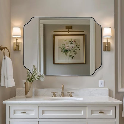 32"x40" Chrome Bathroom Scalloped Mirror for Wall | Rustproof Stainless Steel Frame, Unique Notched Corners, Horizontal & Vertical Mount, Ideal for Bathroom Decor & Remodel