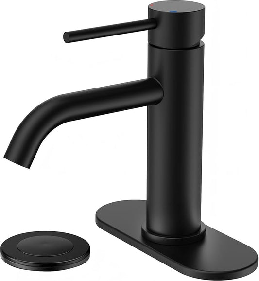 FORIOUS Matte Black Bathroom Faucets 1 Hole, Lead-Free, Bathroom Sink Faucet with Pop up Drain and Supply Hose for Sink, Vanity, RV, Lavatory, Suitable for 1 or 3 Holes