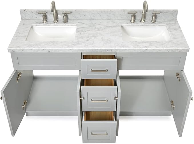 ARIEL Hamlet 60-inch Bathroom Vanity with Sink,Solid Wood, 1.5-inch Italian Carrara Marble Countertop & Backsplash, Double Rectangular Porcelain Sink, 4 Soft Closing Doors, 3 Dovetail Drawers, Grey