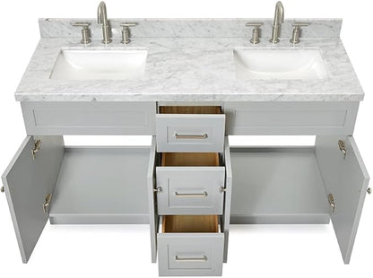 ARIEL Hamlet 60-inch Bathroom Vanity with Sink,Solid Wood, 1.5-inch Italian Carrara Marble Countertop & Backsplash, Double Rectangular Porcelain Sink, 4 Soft Closing Doors, 3 Dovetail Drawers, Grey