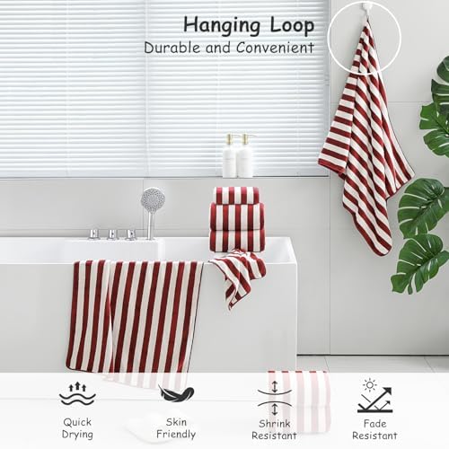 18 Pcs Red Stripe Bath Towel Set with Hanging Loop-6 Bath Towels,6 Hand Towels,6 Washcloths Soft Family Towels Set Bathroom Towel Highly Absorbent Quick Dry Shower Towel for Beach Chair Spa Gym Hotel