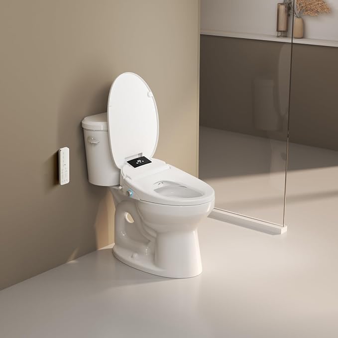 Bidet Toilet Seat with Remote Control, Electronic Heated Bidet Seat with Adjustable Warm Water and Pressure, Warm Air Drying, Display Screen, Night Light, Slow Closed Toilet Lid, Elongated