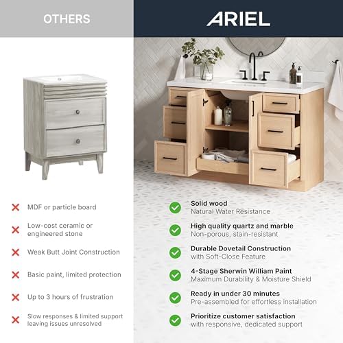 ARIEL Cambridge 48-inch Bathroom Vanity with Sink,Solid Wood, 1.5-inch Pure White Quartz Countertop, Single Rectangular Porcelain Sink, 2 Soft Closing Doors, 9 Dovetail Drawers, Midnight Blue