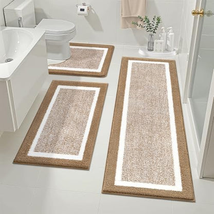 Pauwer Bathroom Rug Sets 3 Piece, Non Slip Washable Bath Mat, Khaki
