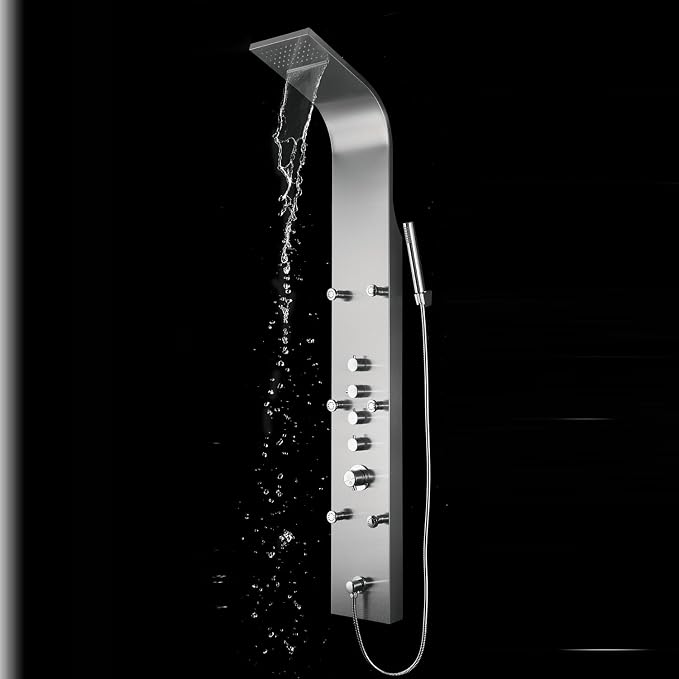 Blue Ocean ™ 64.5” Stainless Steel SPS8879 Thermostatic Shower Panel Tower with Rainfall Shower Head, Body Nozzles, and Handheld Shower Head, Shower Column