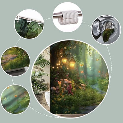 Fantasy Forest Path Shower Curtain Fairy Magical Enchanted Misty Jungle Mushroom Floral Tree Butterfly Lantern Wonderland Plant Bath Curtain Fabric Bathroom Accessories Decor with Hooks 47W x70L