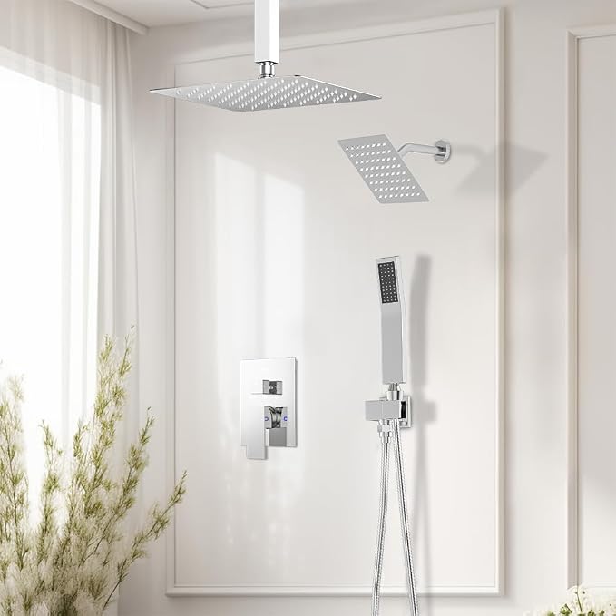 Shower System Shower Faucet Set, STARBATH 12"+6" Ceiling Mount Rain Shower Head and Handheld Spray for Two Person, Rainfall Shower System with Diverter Valve and Trim Kit Complete,Chrome