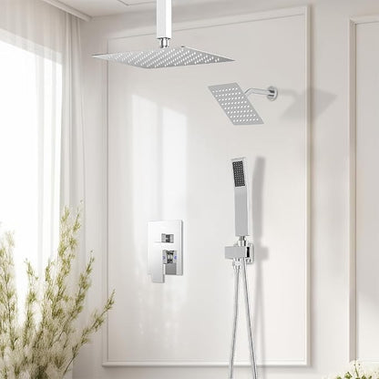 Shower System Shower Faucet Set, STARBATH 12"+6" Ceiling Mount Rain Shower Head and Handheld Spray for Two Person, Rainfall Shower System with Diverter Valve and Trim Kit Complete,Chrome